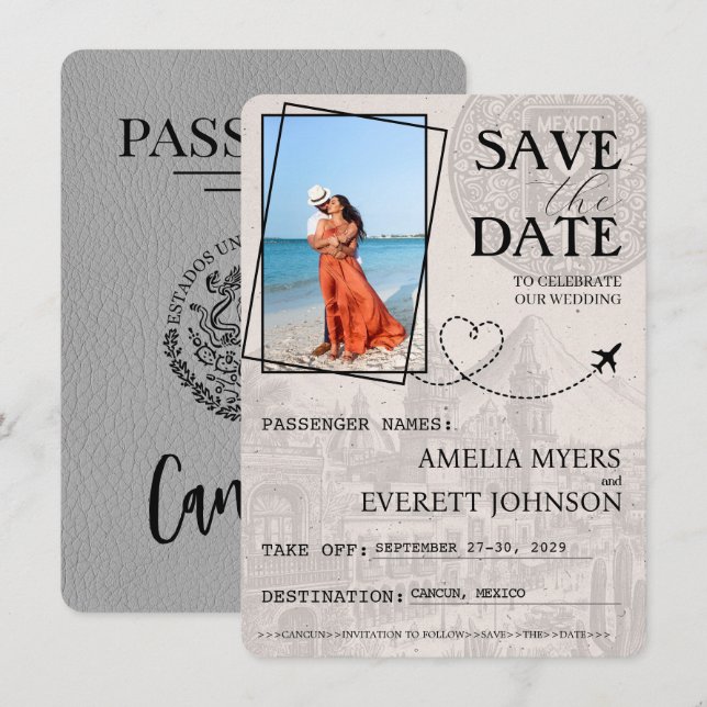 Grey Cancun Passport Save The Date (Front/Back)