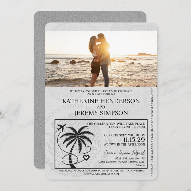 Grey Cancun Passport Wedding Invitation (Front/Back)