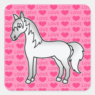 Grey Cartoon Horse Love Hearts Square Sticker