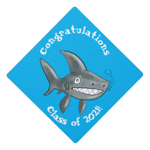 Grey cartoon illustrated shark with bubbles graduation cap topper