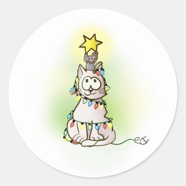 Grey Cat and Mouse with Christmas Lights Classic Round Sticker (Front)