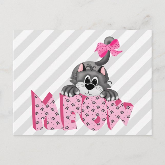 Grey Cat and Pink Meow Postcard (Front)