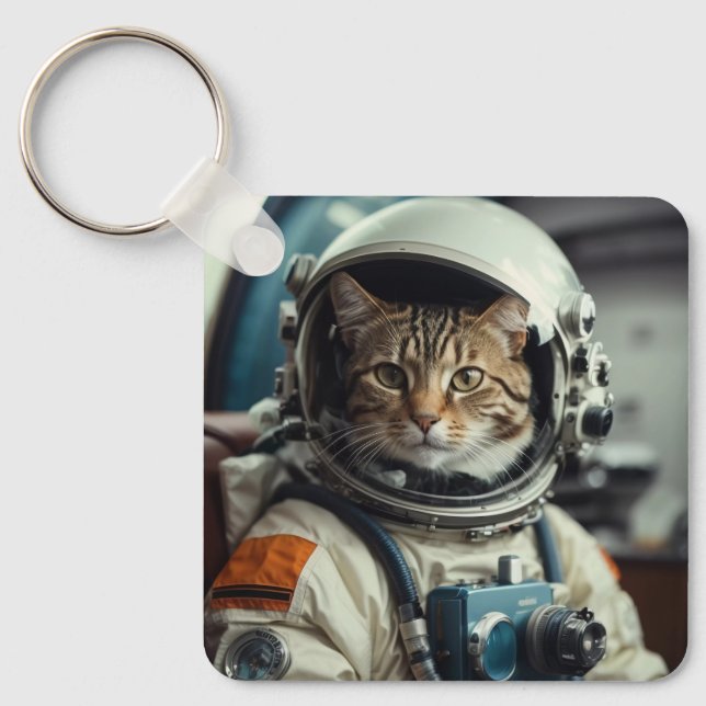 Grey Cat Astronaut in Outer Space Keychain (Front)