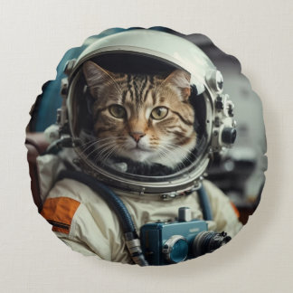 Grey Cat Astronaut in Outer Space Round Pillow