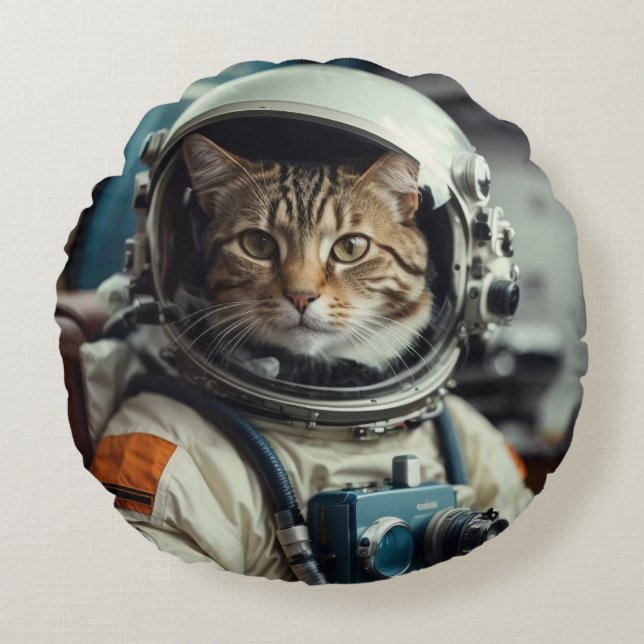 Grey Cat Astronaut in Outer Space Round Pillow (Front)