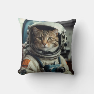 Grey Cat Astronaut in Outer Space Throw Pillow