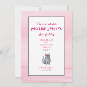 Grey Cat, Bright Pink, 50 & Fabulous, Fun Birthday Invitation