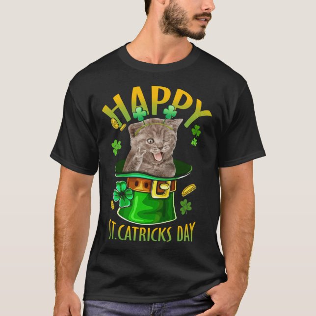 Grey Cat Catrick Irish Shamrock Kitten St Patricks T-Shirt (Front)
