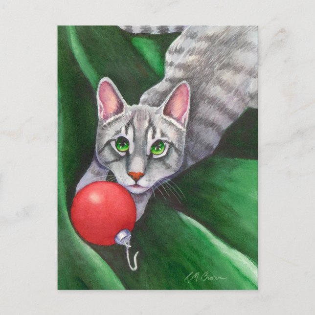 Grey Cat Christmas Ornament Holiday Postcard (Front)