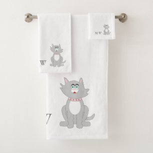 Grey Cat Design Monogrammed Bath Towel Set