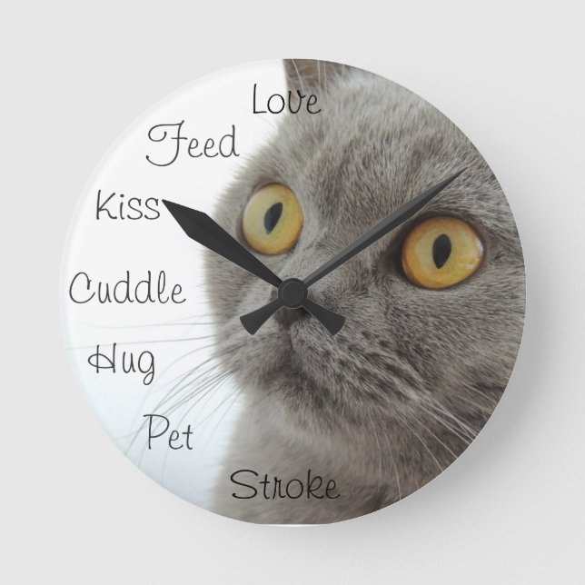 Grey Cat Golden Eyes Close-up Round Clock (Front)
