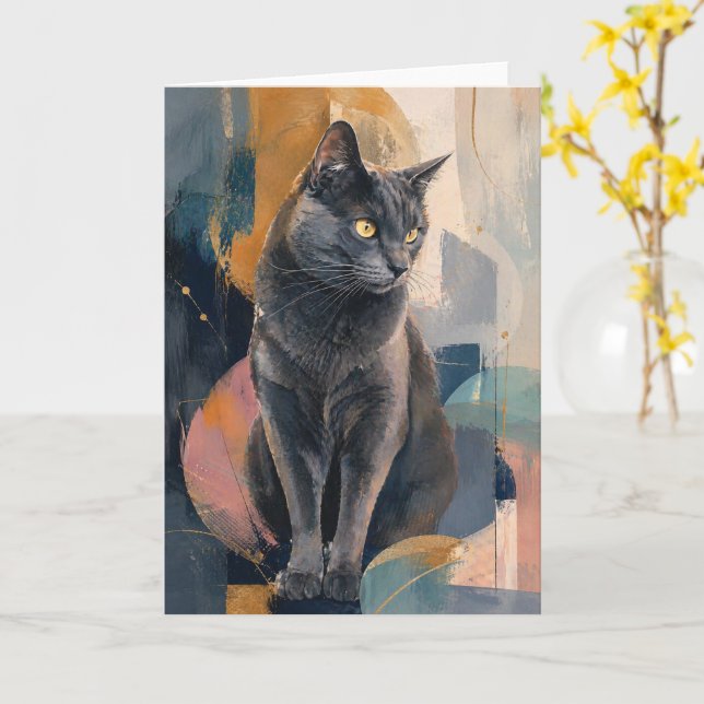 Grey Cat Golden Gaze Card (Yellow Flower)