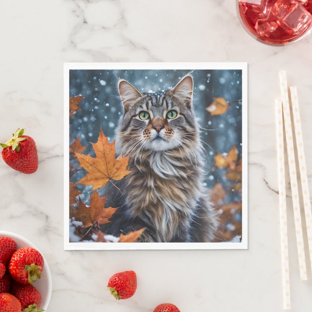 Grey Cat Green Eyes Posing with Fall Leaves Napkin (Insitu)