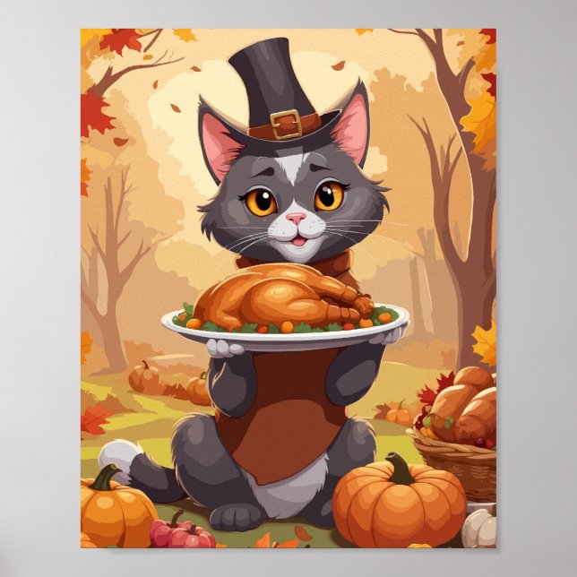 Grey cat holding thanksgiving turkey poster (Front)