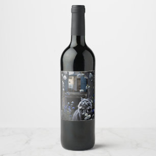 Grey Cat in a field of flowers Wine Label