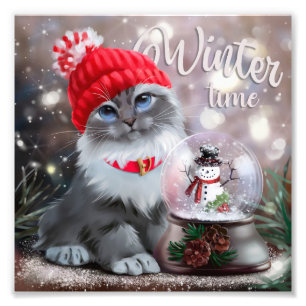 Grey cat in a red cap and a snowman in a snowball	 photo print