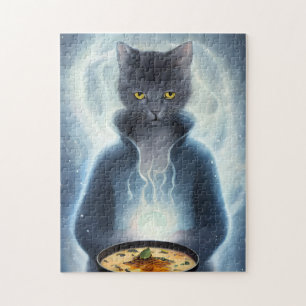 Grey Cat in blue eating soup in space Jigsaw Puzzle