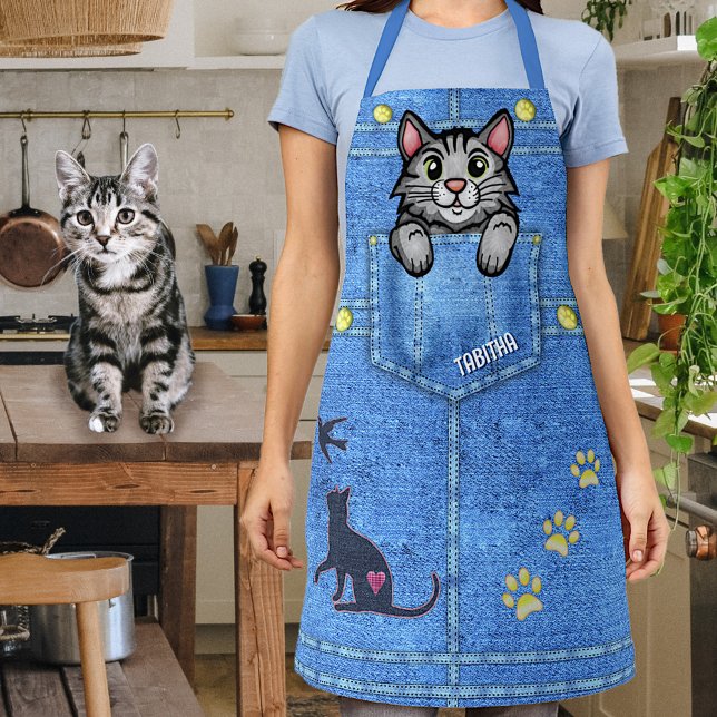 Grey Cat in Faux Denim Pocket with Custom Name Apron (Creator Uploaded)