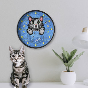 Grey Cat in Faux Denim Pocket with Custom Name Clock