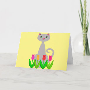 Grey Cat in Spring Flowers Card