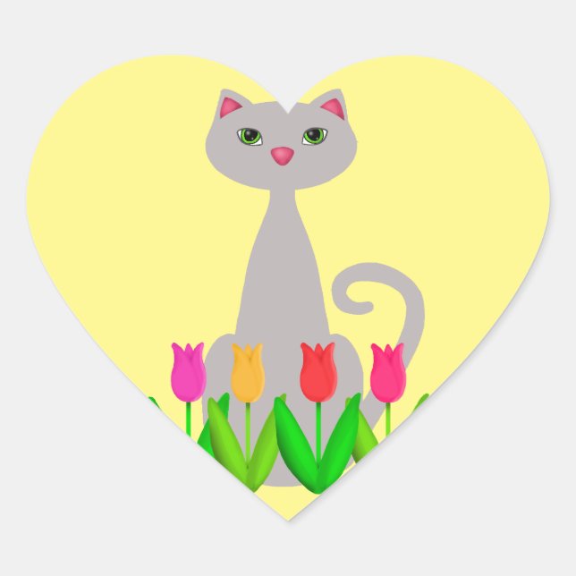 Grey Cat in Spring Flowers Heart Sticker (Front)