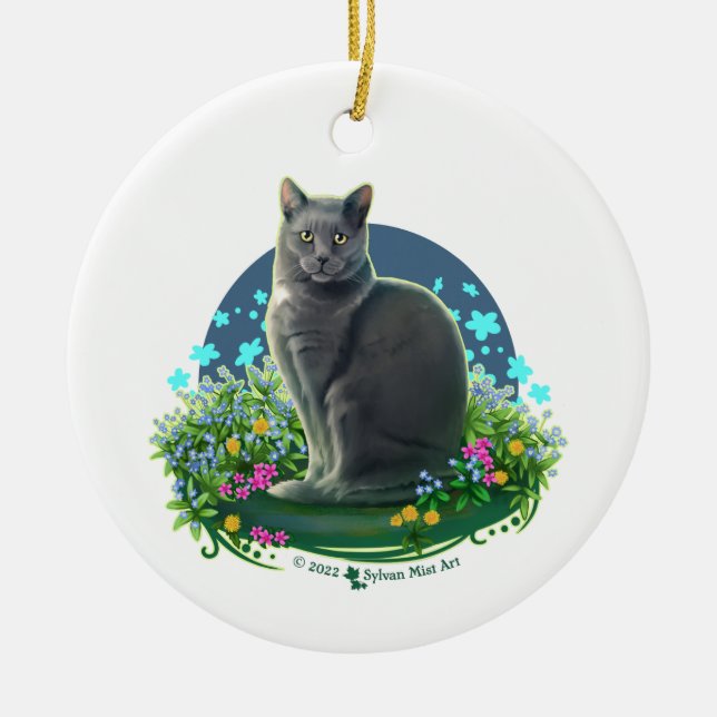 Grey Cat in the Flower Garden Ceramic Ornament (Front)