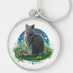 Grey Cat in the Flower Garden Keychain