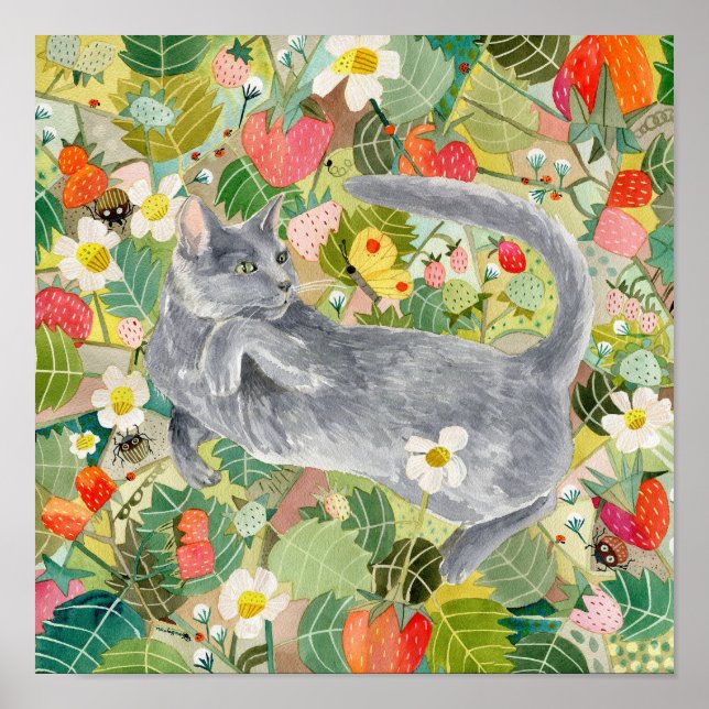 Grey Cat in the Strawberry Patch poster (Front)