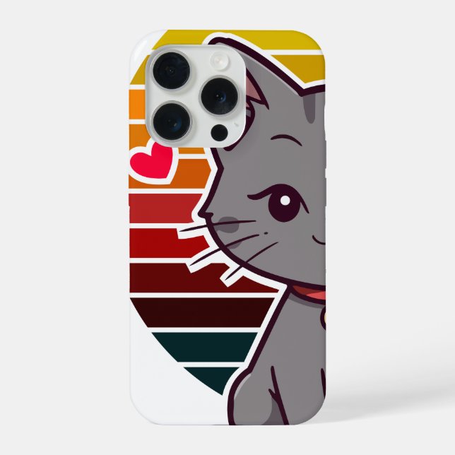 Grey Cat Kawaii Retro Sunset Anime Art iPhone Case (Back)