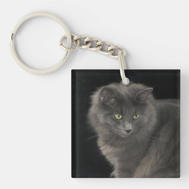 Grey Cat Long Hair Russian Blue Kitty Kitten Cute Keychain (Front)