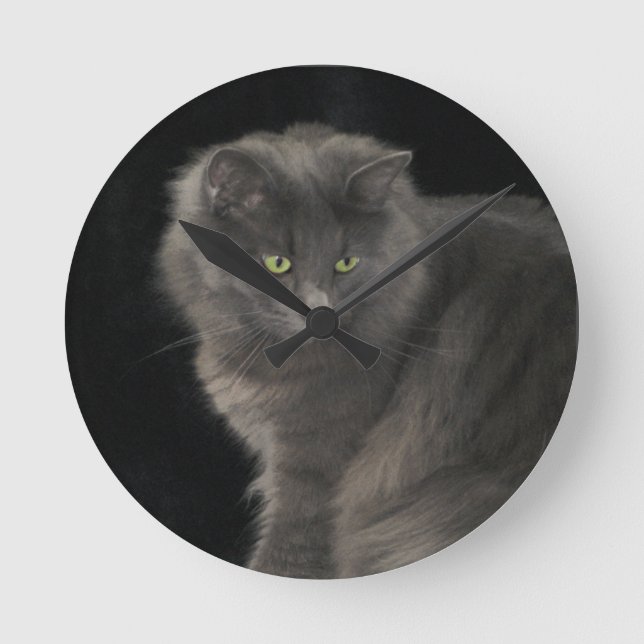 Grey Cat Long Hair Russian Blue Kitty Kitten Cute  Round Clock (Front)