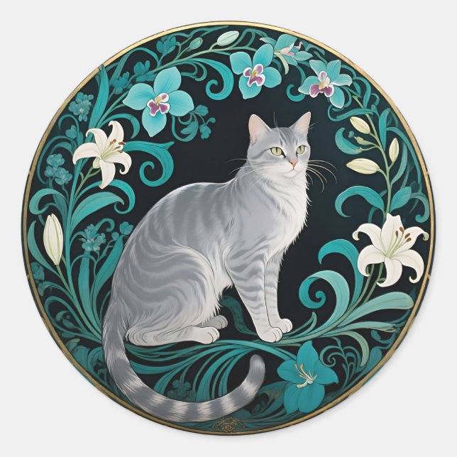 Grey Cat Ornate Floral Frame Classic Round Sticker (Front)