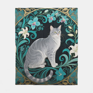 Grey Cat Ornate Floral Frame Fleece Blanket