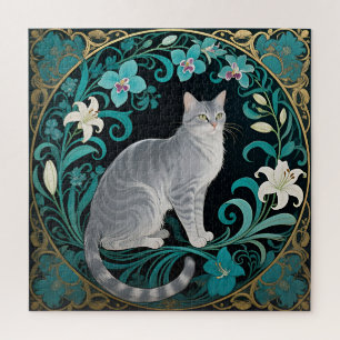 Grey Cat Ornate Floral Frame Jigsaw Puzzle