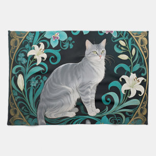 Grey Cat Ornate Floral Frame Kitchen Towel