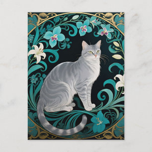 Grey Cat Ornate Floral Frame Postcard