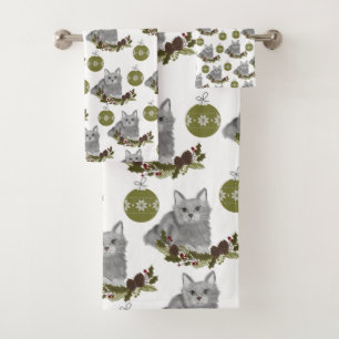 Grey Cat Pattern with Green Ornaments in White Bath Towel Set