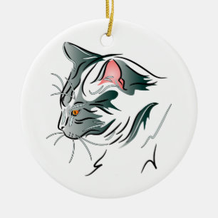 Grey Cat Profile Ceramic Ornament