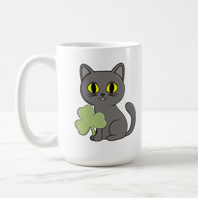 Grey Cat Shamrock Clover Charm Coffee Mug (Left)