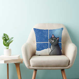 Grey Cat Snowy Window Throw Pillow
