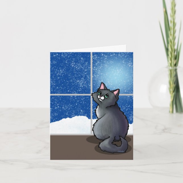 Grey Cat Snowy Window Throw Pillow Card (Front)