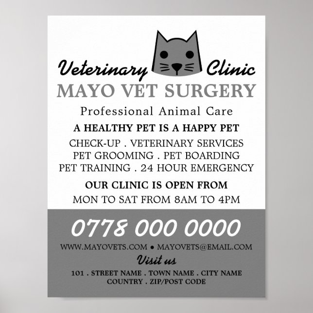 Grey Cat, Veterinarian, Veterinary Service Advert Poster (Front)