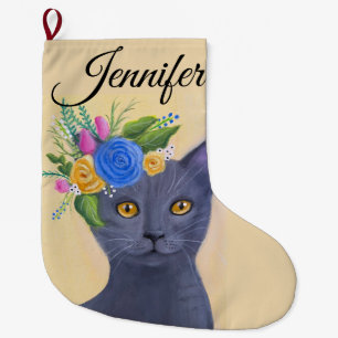 Grey Cat Whimsical Art  Large Christmas Stocking