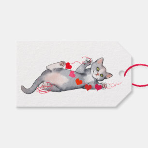 Grey Cat with a Valentine Garland Gift Tag