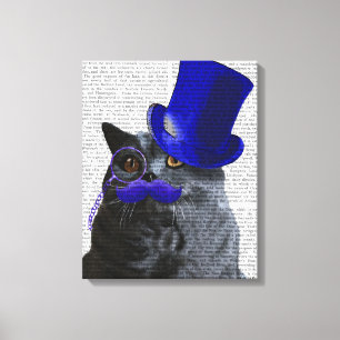 Grey Cat With Blue Top Hat and Blue Moustache Canvas Print