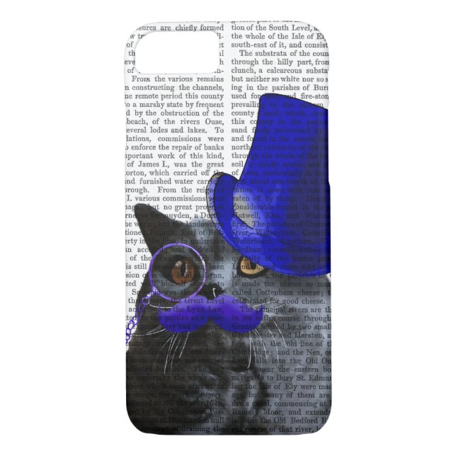 Grey Cat With Blue Top Hat and Blue Moustache Case-Mate iPhone Case (Back)