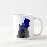Grey Cat With Blue Top Hat and Blue Moustache