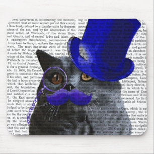 Grey Cat With Blue Top Hat and Blue Moustache Mouse Pad
