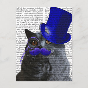 Grey Cat With Blue Top Hat and Blue Moustache Postcard