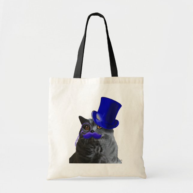 Grey Cat With Blue Top Hat and Blue Moustache Tote Bag (Front)